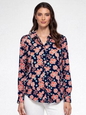 Banana Republic Women's Button Down Blouse Navy Coral Orange Floral Print Medium